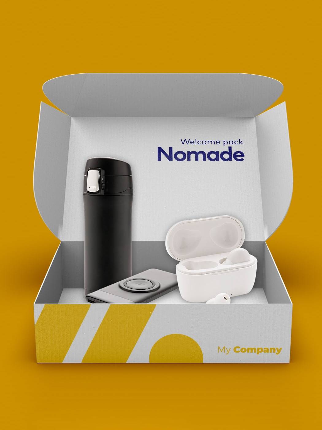 Welcome pack entreprise Nomade 37DEUX écouteurs powerbank et mug anti-fuite